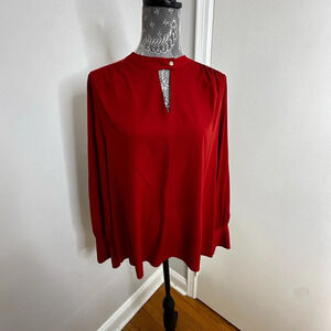 Women’s Burnt Orange/red Long Sleeve Mandarin Collar Blouse. V Cutout. Cuffed.